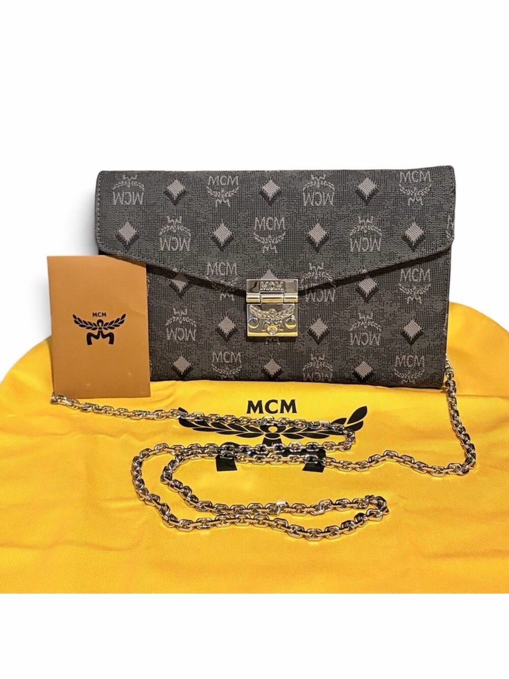 MCM Black Denim Jacquard Monogram Crossbody Wallet Bag with Silver Chain NEW